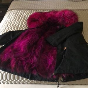 Fuchsia Fur Lined Military Parka with Fur Hood